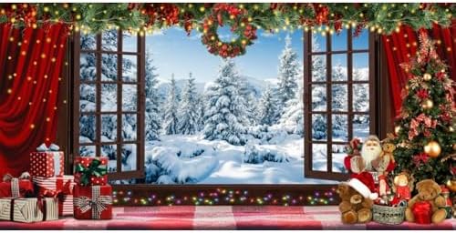 20x10ft Christmas Window Backdrop for Photography Winter Wonderland Snow Mountain Christmas Tree Photo Background Xmas Theme Holiday Party Decorations Banner Family Photoshoot Background