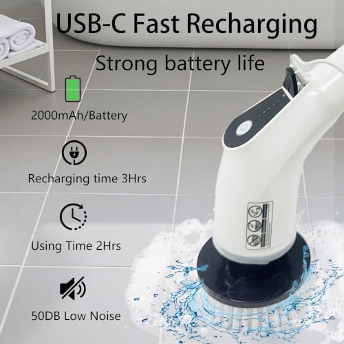 Electric Spin Scrubber for Bathroom Shower Scrubber with Long Handle 5 peeds 2Hrs Runtime 8 Brush Heads IPX7 Waterproof Kitchen Sink Bathroom Tile car Fish Tank
