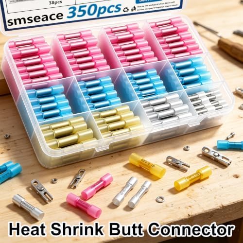 smseace 350PCS Heat Shrink Butt Connectors 26-14/22-16/16-14/12-10AWG Waterproof Electrical Wire Butt Crimp Connectors for Automotive Boat Stereo Industrial Equipment