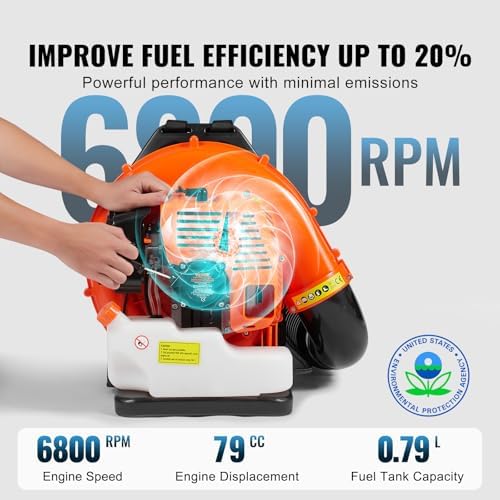VEVOR 79cc Backpack Gas Leaf Blower, 2-Cycle Gas Powered Backpack Blower with 3L Fuel Tank, 930CFM Air Volume 184MPH Speed, Ideal for Lawn Care