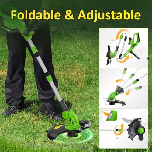 20V Electric Weed Wacker Edger Lawn Tool, Battery Powered Weed Eater 12-Inch Cordless String Trimmer Grass Trimmer Lightweight Yard Tools for Garden, Lawn Mower Cutter 2.0Ah Battery and Charger Green