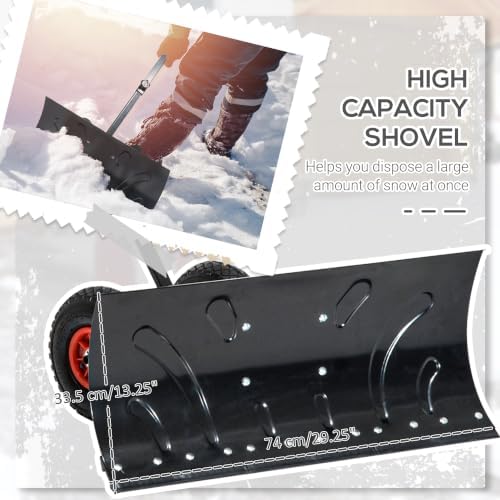 Outsunny Snow Shovel with Wheels Snow Pusher 29" Blade 10" Wheels Black