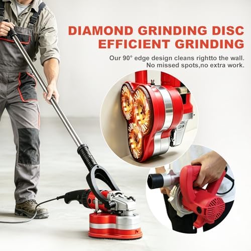 3-Head Electric Concrete Floor Grinder with Telescopic Rod, 6 Speed Diamond Polisher with Dustless Vacuum for Epoxy Removal, Cement, Stone, Granite and Metal Surface Grinding & Polishing