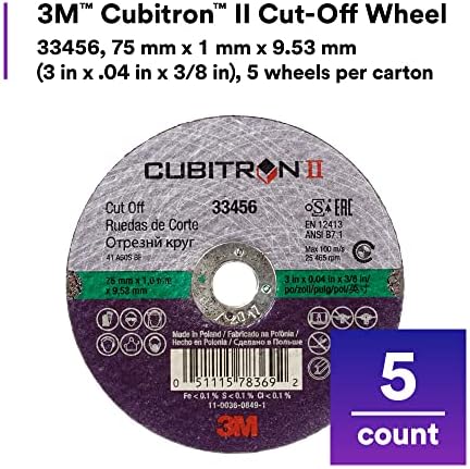 3M Cubitron II Cut-Off Wheel 33456, High Performance, Fast Cutting, Long Lasting, 3 in x .04 in x 3/8 in, Wheels/Carton