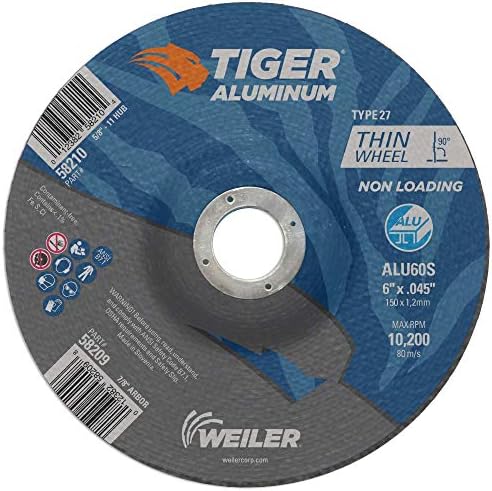 Weiler 58209 6 Inch Cutting Wheel, Tiger Aluminum Non-Loading Contaminant-Free High Performance Cutting, .045" ALU60S Type 27 7/8" Arbor, Pack of 25