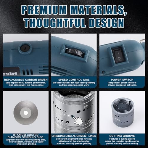 Tungsten Electrode Sharpener Grinder For TIG welding,6 Sizes 8 Angles Tungsten Electrode Grinder Head,Versatile Multi-Angle,TIG Welding accessories With Cut-Off Slot,10 Diamond Wheels, 3 CNC Mandrels