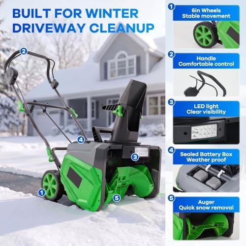 Garvee 40V 20" Cordless Snow Blower, Electric Snow Thrower Machine,Green