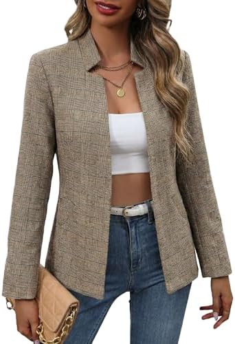 Mina Self 2026 Fall Women's Open Front Tweed Blazer,Plaid Fitted Jacket