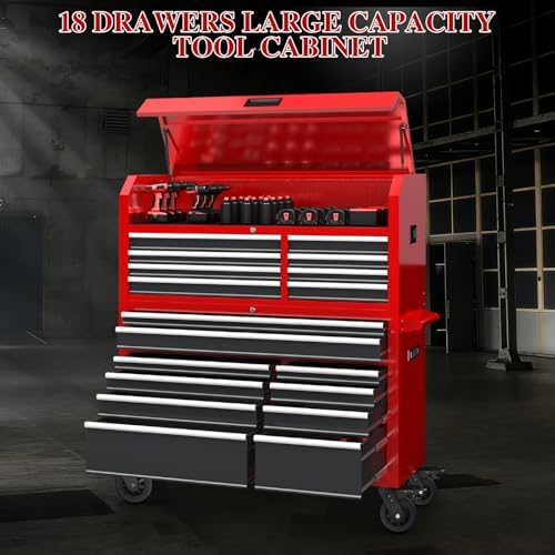 LARBANKE 60'' Rolling Tool Chest Combo, 18-Drawer Heavy Duty Steel Tool Cabinet with Power Outlet, Locking System & Wheels, Mobile Tool Box Organizer for Garage, Workshop, Mechanic & DIY Home Use