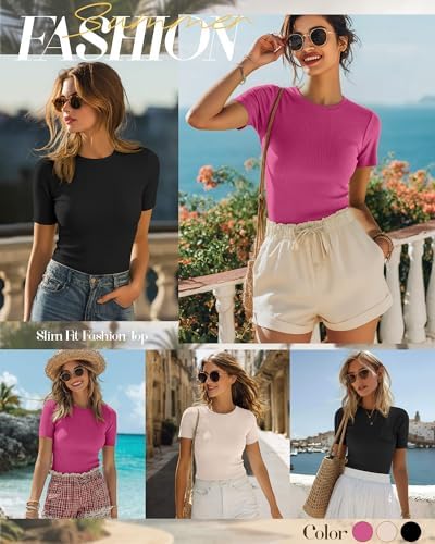 Ficerd 3 Pack Women's Ribbed Short Sleeve T-Shirts