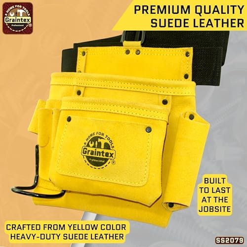 Graintex 5 Pocket Suede Leather Tool Belt/Bag, Multipurpose Leather Tool Belt for Women and Men, Ideal for Construction, Electrician, Handymen, Carpenter, Gardening Pouch & DIY Projects