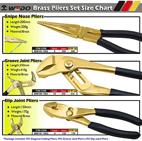 WEDO 3-Piece Brass Pliers Set, 6" Slip Joint, 8" Snipe Nose, 10" Groove Joint, Non-Slip Ergonomic Plastic Handle