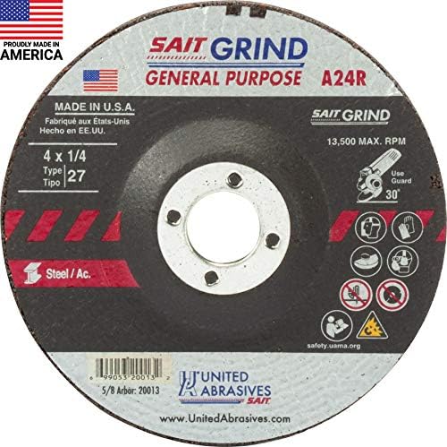 United Abrasives-SAIT 20013 A24R General Purpose/Long Life Grinding Wheel (Type 27/Depressed Center) 4" x 1/4" x 5/8" , 25-Pack