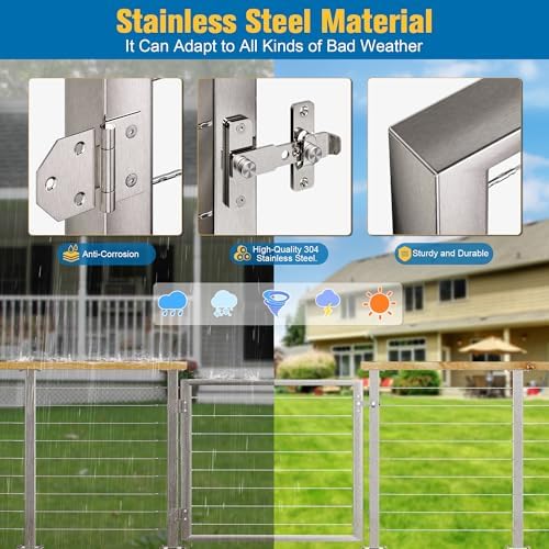 Outdoor Gate Integrated Welding Cable Railing Gate for Wood Metal Cable Railing System Stainless Steel Fence Gate (Right Hand in Swing, Slivery)