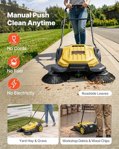 VEVOR Walk-Behind Hand Push Floor Sweeper, Manual Floor Sweeper Non-Electric with 25.6" Sweeping Width, 5 Gallons Waste Container & Adjustable Folding Handle for Yards Walkways Patios Garages - Yellow