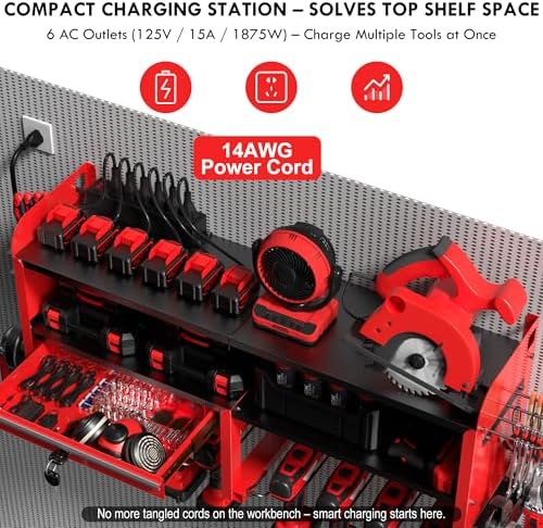 KSVO Power Tool Organizer Wall Mount, Locking Drawers, Charging Shelf, Red