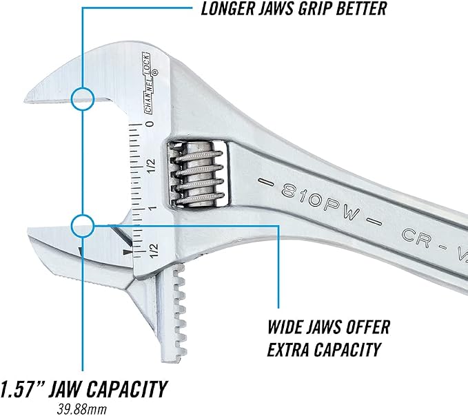 Channellock Adjustable Wrench 810PW - Reversible Jaw, Pipe Wrench Function - 10 In.