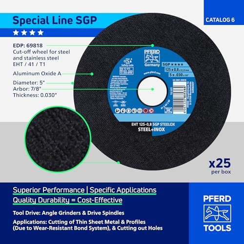 Pferd SGP STEELOX Type 1 Cut-Off Wheel, 5" x 0.030" x 7/8", Aluminum Oxide, 12,200 RPM High-Performance Metal Cutting Disc for Steel & Stainless Steel (Pack of 25) – Part 69818