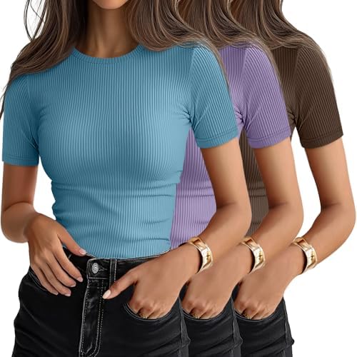 Ficerd 3 Pack Women's Ribbed Short Sleeve T-Shirts