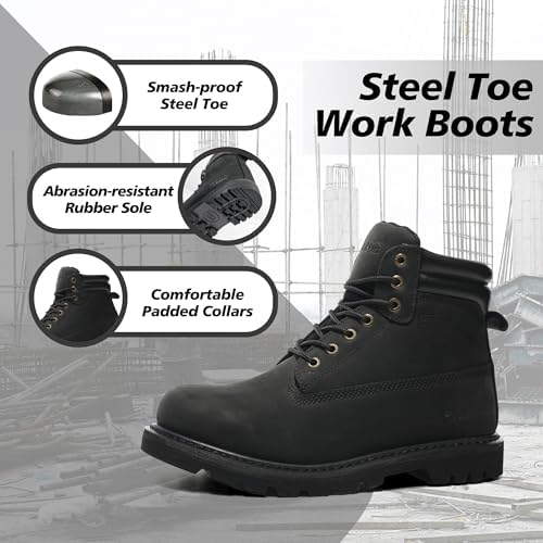 Steel Toe Work Boots for Men, 6-Inch Non Slip Comfortable Leather Waterproof Industrial Construction Safety Workboots