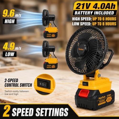 21V Cordless Camping Fan & LED Work Light Combo Kit — 9-Inch Portable Job Site Fan with Stepless Speed, 4.0Ah Battery & Charger Included, for Camping, Outdoor (Yellow Black Fan Light Set)
