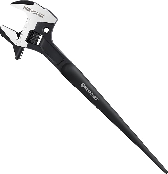 MAXPOWER 16-inch Adjustable Construction Spud Wrench, 4 in 1 Multifunctional Use for Adjustable Wrench and Hammer, Max Jaw Capacity up to 1.57"