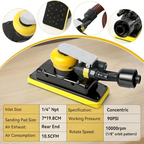 Pneumatic Random Orbital Sander, 70mm x 198mm 1/8" Orbit, 10,000 OPM with Dust Bag & Vacuum, Includes Extra Pad & 30pcs Mesh Sandpapers for Woodworking, Auto Body, Metal Finishing