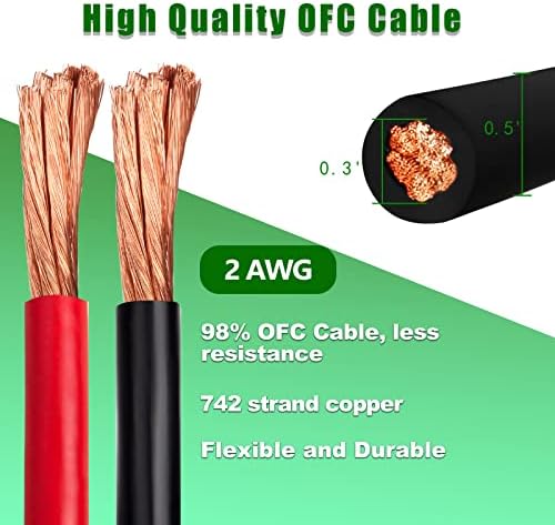 2 Gauge Battery Cable Copper Wire, 20FT Red + 20FT Black