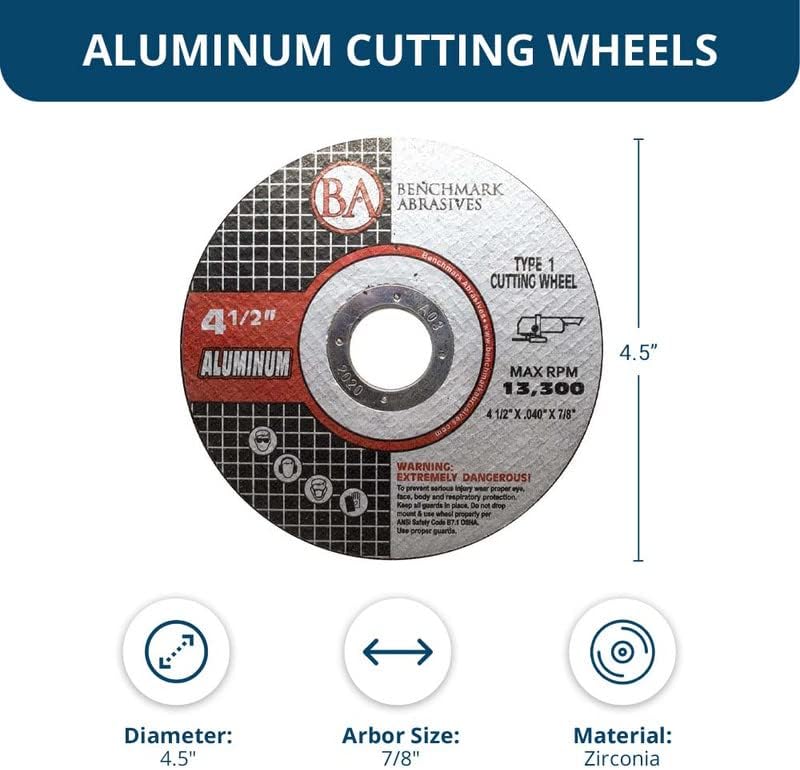 Benchmark Abrasives Grinder Cut Off Wheels 4 1/2 Inch Aluminum Oxide Thin Type 1 Angle Grinder Cutting Disc for Aluminum, Copper - with 7/8" Arbor Hole, Fast Grinder Cutting Wheel - 50 Pack