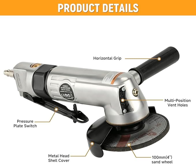 Hoteche 4-Inch Air Angle Grinder, High Speed Pneumatic Grinder, Professional Metal Cutting & Grinding Tool with Front Exhaust, Heavy Duty 1/4" Air Inlet, 90 PSI Power Tool for Fabrication
