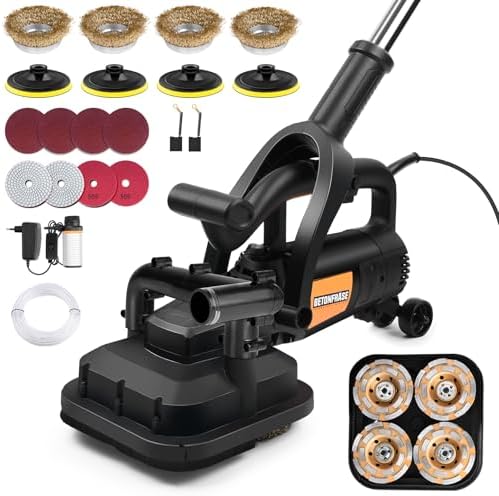 4-Head Concrete Grinder with Handle, Auxiliary Wheels & Dust Shround