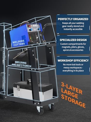 Garvee 3 Tier Welding Cart, Heavy Duty Welder Cart with 360° Swivel Wheels, Tank Storage Safety Chains, Rolling MIG Welder Cart for TIG, ARC, MMA, Plasma Cutter Welding Machine, Black