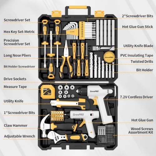 GRENPRO 188PCS Yellow Cordless Drill Tool Set For Men Tool Kit For Home Box