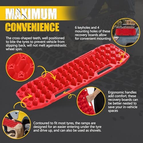 BUNKER INDUST Off-Road Traction Boards, Pair Recovery Tracks Traction Mat for Jeep Mud, Sand, Snow Traction Pads-Red Emergency Tire Traction Device (Gen 10th)