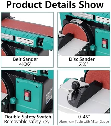 Benchtop Belt and Disc Sander - 4x36 Inch Belt & 6 Inch Disc, 120V/60Hz, Adjustable 0-90° Tilt & 0-45° Bevel Table, Quick-Change Sandpaper for Woodworking & Metalworking, Green (Model 1)