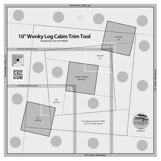 Creative Grids 10in Wonky Log Cabin Trim Tool Quilt Ruler – CGRJAW13 – Made in USA, 10-1/2in x 10-1/2in, Non-Slip Grip Acrylic Quilting, Sewing, Crafting, Patchwork Ruler & Template