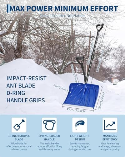 Lightweight Ergonomic Snow Shovel with Spring Assist, Dual d‑Ring Handle