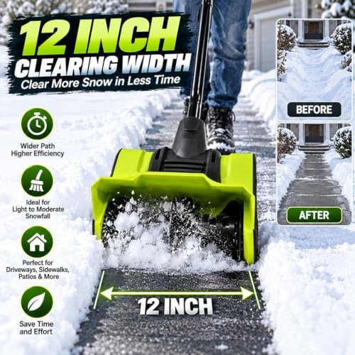10 Amp Electric Snow Shovel, 12-Inch Corded Snow Thrower with Adjustable Handle, Dual-Blade Auger & 19 FT Throwing Distance, Lightweight Snow Blower for Driveways, Sidewalks & Patios, Black/Green