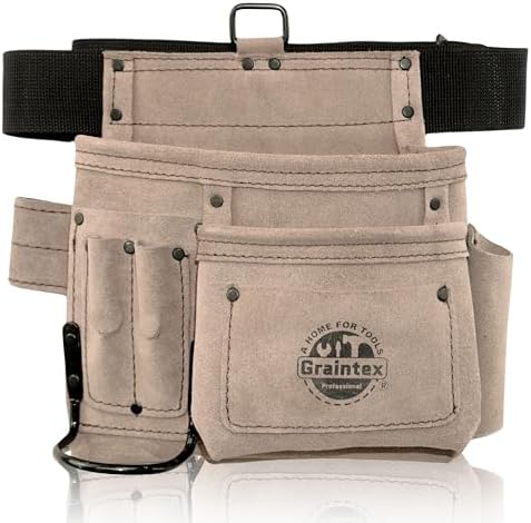 Graintex 5 Pocket Suede Leather Tool Belt/Bag, Multipurpose Leather Tool Belt for Women and Men, Ideal for Construction, Electrician, Handymen, Carpenter, Gardening Pouch & DIY Projects