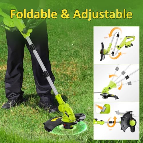 Electric String Trimmer Cordless with 2x2.0Ah Battery, 20V Weed Wacker Weed Eater with Charger, 12-inch Lawn Mover & Edger Lawn Tool, Powered Grass Trimmer Spool Line for Yard, Garden, Foldable Shaft