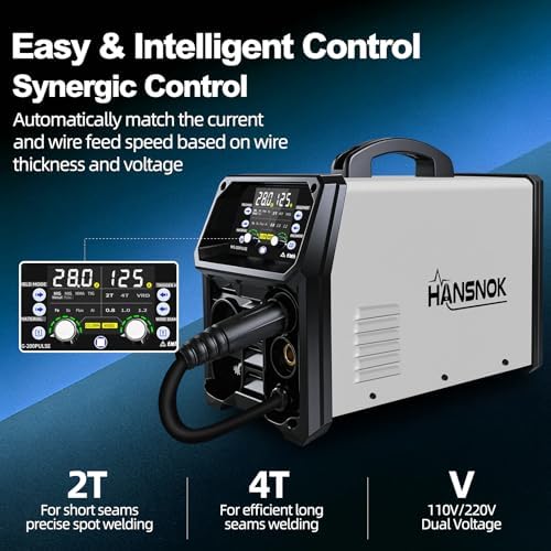 250A Aluminum Pulsed MIG Welder,5 in 1 Welder Machine Pulse MIG/Gas MIG/Gasless Flux Core MIG/Stick/Lift TIG/110v/220v Dual Voltage Large LED Display with 2T/4T Synergic Multiprocess Welding Machine