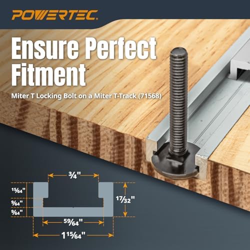 POWERTEC 72197 48-Inch Miter T-Track with Miter T-Bar, 10pc 5/16"-18 x 3" Long Miter T Slider Bolts and 5pc 5/16"-18 4 Point Knobs for Woodworking Jigs and Fixtures