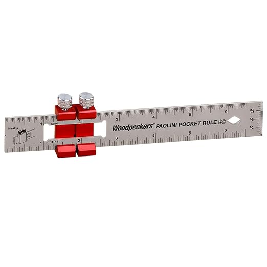 Woodpeckers Paolini Pocket Rule, Stainless Steel, 150mm, Metric Woodworking Ruler, Sliding Stop, Vertical End Scale, Scribing Notch, Engraved Scale