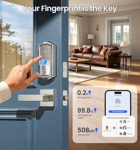 Veise VE027-L WiFi Smart Lock with Handles Set for Front Door, Satin Nickel | Remote APP Control, Fingerprint Voice & Fob Unlock, Touchscreen Keyless Entry Door Lock with Lever, No Hub Need, Auto Lock