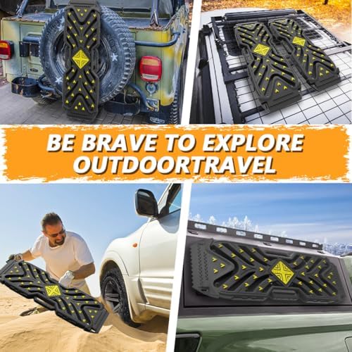Traction Boards Recovery Boards (Pair) – 42″ × 14″ PA66 Off-Road Tracks with 34 High-Strength Contrasting-Color Spikes, Flip-Shovel & Jack-Base Design, Tow Strap – Sand, Mud, Snow 4×4 SUV ATV Truck