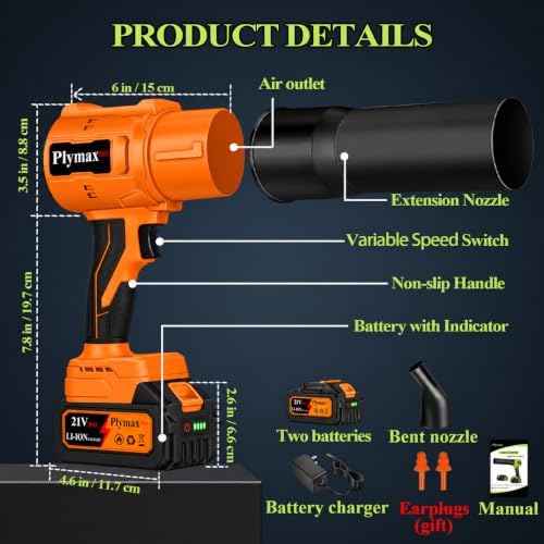 Cordless Leaf Blower, 800,000 RPM Electric Handheld Blower, Leaf Blower Cordless with 2×4.0Ah Batteries & Charger,Snow Blowers with 2-Nozzles for Patio,Lawn Care,Dust,Snow & Car Drying, Orange