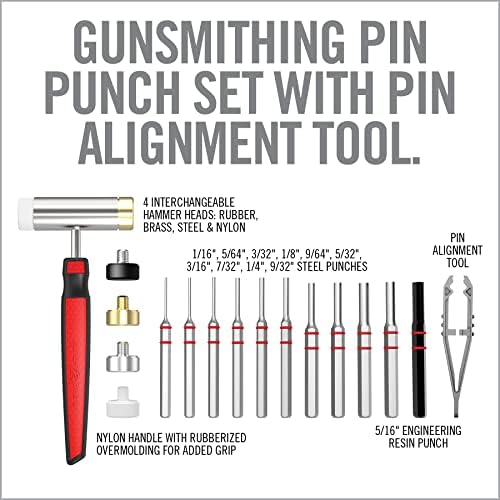 Real Avid Pin Punch Set & Hammer + Non-Slip Magnetic Bench Block | 10 Standard Nickel-Plated Steel Pin Punches, 4 Interchangeable Hammer Heads - Brass, Steel, Rubber, Nylon & Non-Marring Bench Block