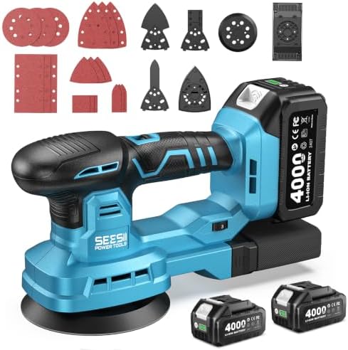 Seesii 6-in-1 5” Random Orbit Sander Cordless, 2Pcs Batteries, 21V, 6 Speed