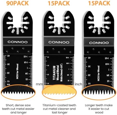 CONNOO 120 Pack Oscillating Saw Blades, Multitool Oscillating Tool Blades for Wood Metal Plastics, Japanese Long Teeth, Quick Release Multi Tool Blades Kits for Oscillating Tools