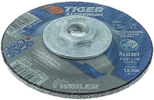 Weiler 58216 4-1/2 x 1/8 Tiger Aluminum Type 27 Cut Off/Grind Combo Wheel ALU30T 5/8-11 Nut (Pack of 10)